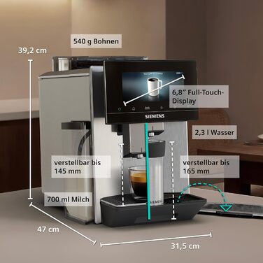Кавомашина Siemens EQ900 iAroma персоналізація налаштувань, точний жорер, великий сенсорний дисплей, 2 контейнери для зерен, срібляста, TQ927E03 EQ900 iAroma 2026