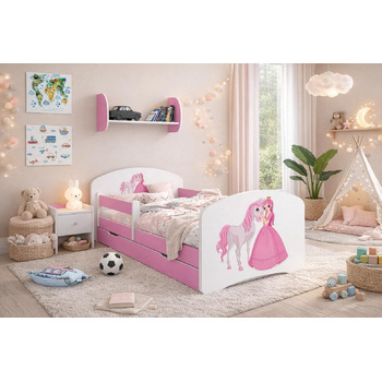 Дитяче ліжко Happy Babies Дитяче ліжко Happy Babies із захистом від падіння та висувною шухлядою Ліжко для дівчаток 160x80 з матрацом 80 x 160 Біла троянда Ліжко принцеси Ксієнжничка З Конікам