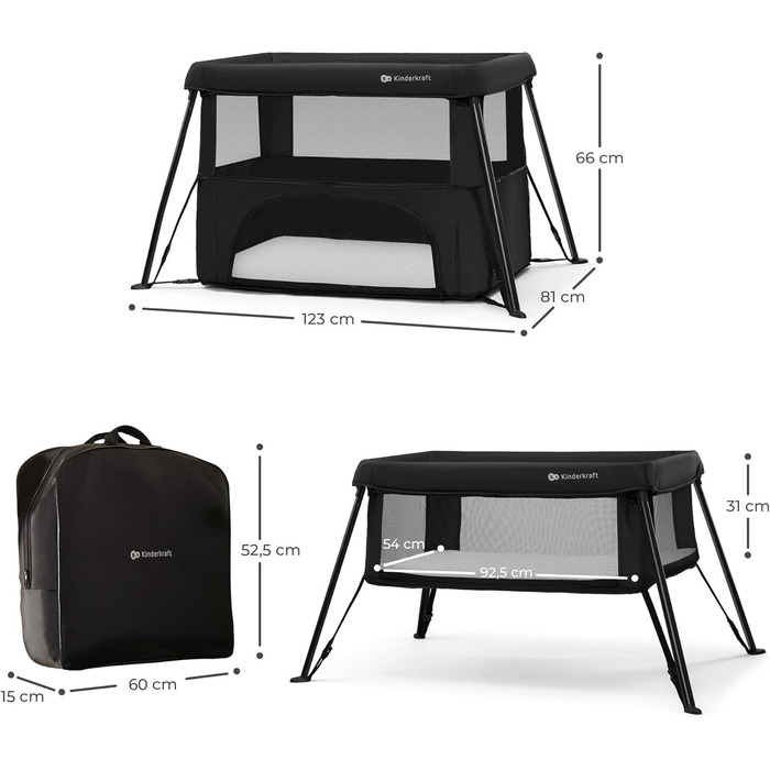 Дитяче ліжечко Kinderkraft CAMI 3-в-1, дорожнє ліжечко для малюків від народження до 3 років, функція манежу, легке компактне складання, дорожній рюкзак у комплекті, два рівні, чорний