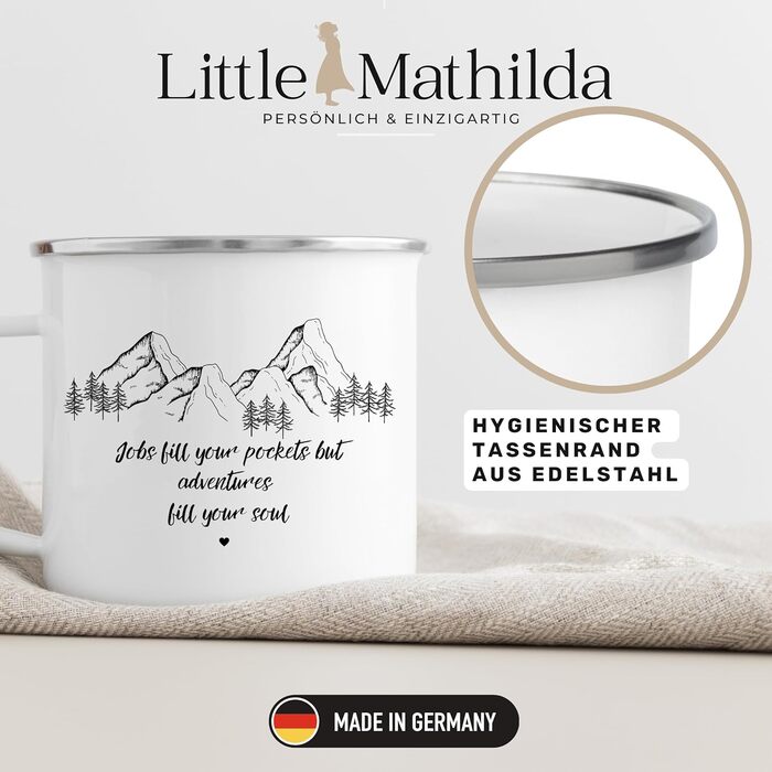 Емальована кружка &quotМаленька Матильда&quot з персоналізованою цитатою або приказкою, емальована кружка, подарунки для каравану для кемперів, емальована кружка, бляшана кружка для кемпінгу, аксесуари для каравану, прикраса для гір (заповнюють вакансії.)