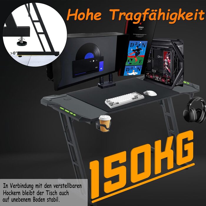 Ігровий стіл 140 x 60 см зі світлодіодним підсвічуванням Міцний ігровий стіл з підсклянником, організатором кабелів та карбоновою поверхнею, великий комп&39ютерний стіл для ПК та офісу, чорний 140 x 60 см зі світлодіодним підсвічуванням