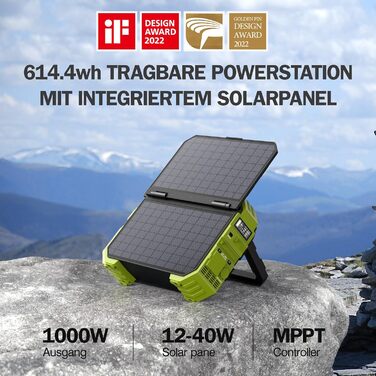 Портативна електростанція BROWEY із сонячною панеллю, інтегрована сонячна зарядна панель 12-40 Вт, 614 Втгод, номінальна потужність 1000 Вт, сонячний генератор пікової потужності 2000 Вт для кемпінгу, караванінгу та екстреної готовності. S1000