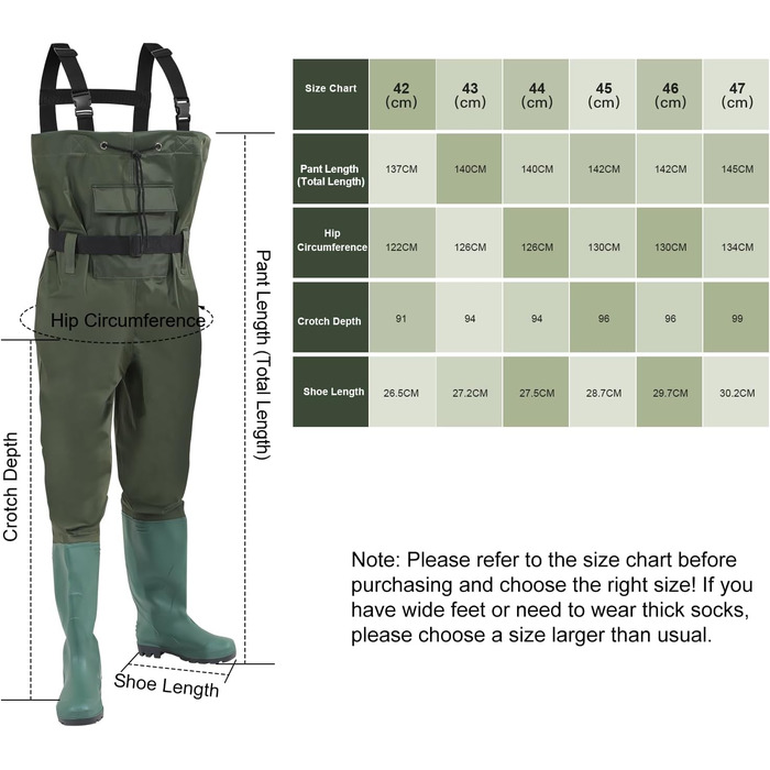Водонепроникні нейлонові ПВХ вейдерси для риболовлі, з нековзними гумовими чобітьми, підходять для високої води, риболовлі, полювання, миття автомобілів та садівництва (розмір 44) та гачками.