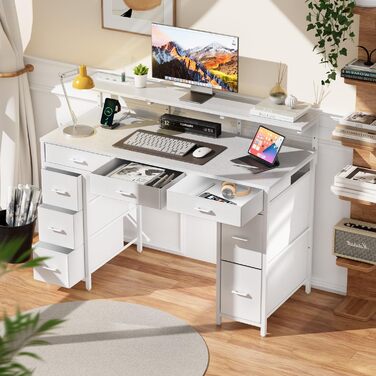 Письмовий стіл з 8 шухлядами, комп&39ютерний стіл з 2 розетками та 2 USB-портами для зарядки, офісний стіл зі світлодіодним освітленням та підставкою для монітора, ПК-стіл для офісу, вітальні, 120 x 50 x 74 см, білий