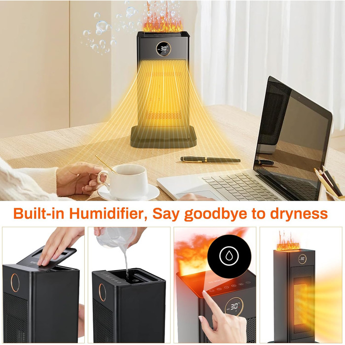 Керамічний вентилятор-обігрівач LIFERUN, енергозберігаючий із зволожувачем повітря, світлодіодне підсвічування полум&39я, тиха робота, швидкий нагрів за 2 секунди, коливання 90, з пультом дистанційного керування та таймером, електричний обігрівач для спал