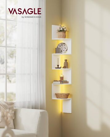 Кутова полиця VASAGLE зі світлодіодним освітленням, 5-рівнева настінна полиця, плаваюча книжкова полиця, книжкова шафа, полиця для рослин для спальні, вітальні, ванної кімнати, домашнього офісу, матово-білий колір LBC630W01