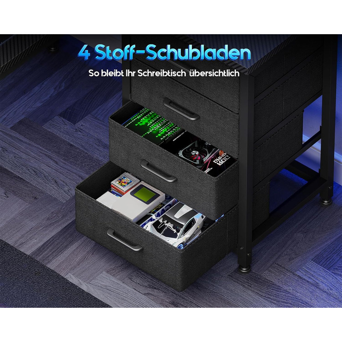 Ігровий стіл Coleshome зі світлодіодним підсвічуванням, 130 x 100 см, двосторонній ігровий стіл з шухлядами та розетками, кутовий стіл з відділенням для зберігання та полицями, чорний колір з вуглецевого волокна 130 x 100 см, чорний колір з вуглецевого во