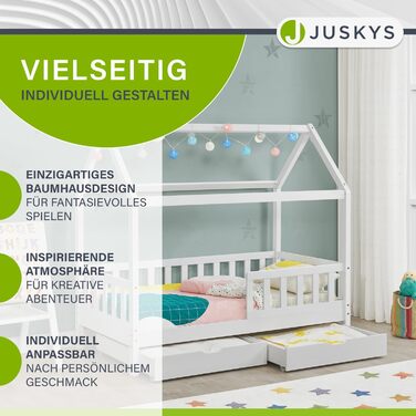 Дитяче ліжко Juskys Marli 90 x 200 см з матрацом, ящиком для ліжка, захисними поручнями, рейковою основою та дахом - Ліжко-будиночок з масиву дерева для дітей - Ліжко білого кольору