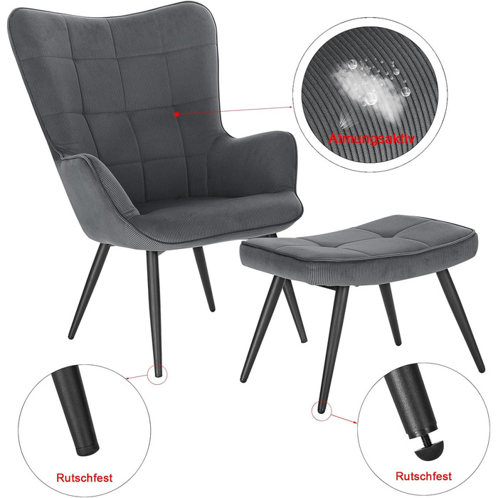 Крісло WOLTU з підніжкою та підставкою для ніг, крісло-реклайнер з оббивкою, вінтажне, вітальня, спальня, балкон, вельветовий оксамит, темно-сірий