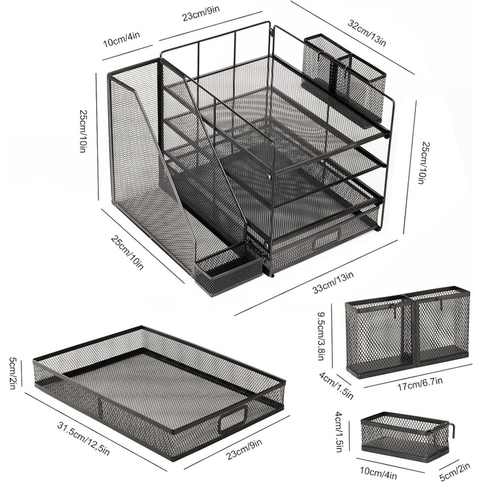 Настільний органайзер, лотки для листів з тримачем для файлів, 4-рівнева настільна папка з шухлядою та тримачем для ручок, сітчастий настільний органайзер та аксесуари з тримачем для журналів (чорний) односторонній