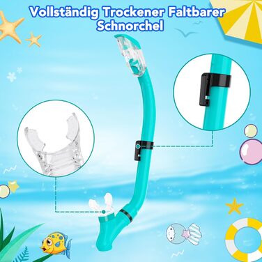 Набір для дитячого підводного плавання з ластами, панорамна маска для дайвінгу з широким оглядом 180 та захистом від запотівання, регульовані ласти, високоякісна маска для підводного плавання та трубка сухого типу, колір аквамариновий