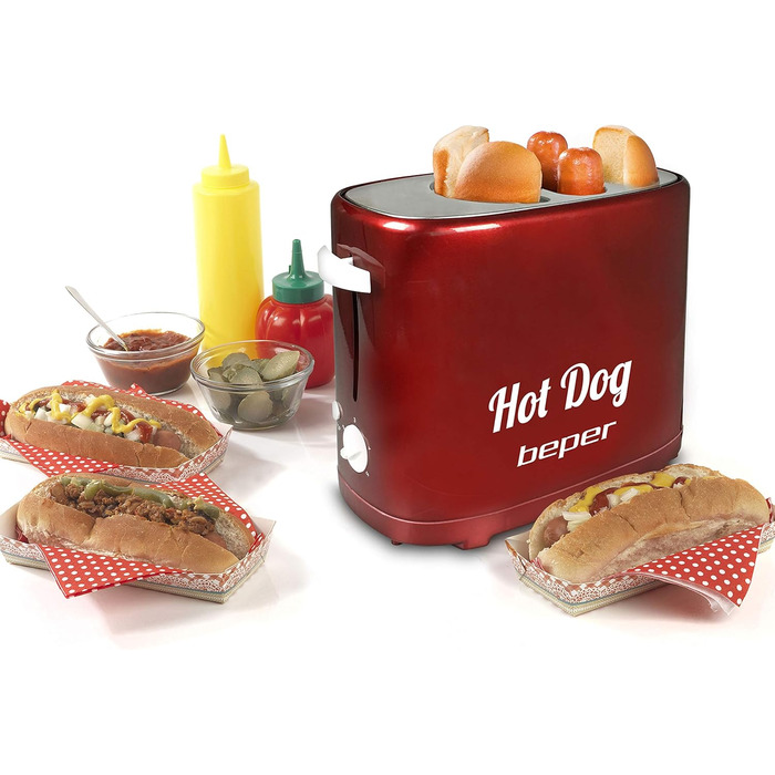 Машина для приготування хот-догів BEPER BT.150Y з 5 рівнями нагріву - машина для хот-догів у вінтажному дизайні, червона, 750 Вт для приготування на грилі