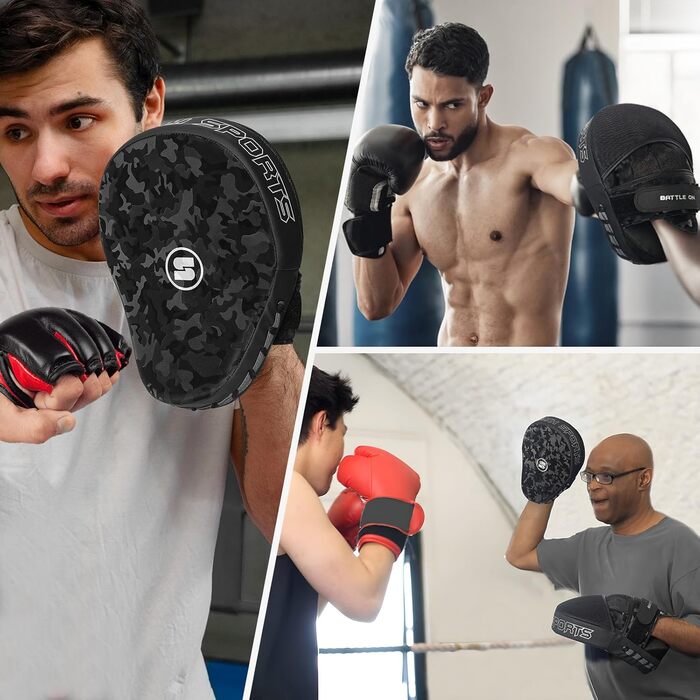 Накладки на руки Stealth Sports, вигнуті боксерські щитки, шкіряні щитки, накладки для фокусування для боксу, ММА, кікбоксингу, муай-тай, карате, бойових мистецтв, тхеквондо, накладки для хука та джебу, чорний камуфляжний візерунок