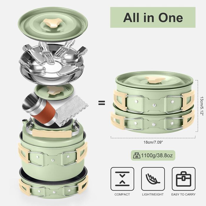 Набір посуду для кемпінгу Odoland з антипригарним покриттям, каструлями та сковорідками з чайником, мірним набором для посуду з нержавіючої сталі, чашками, тарілками, ножами, ложками, виделками для приготування їжі на свіжому повітрі, набір антипригарного