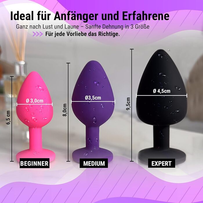 Набір анальних пробок Belmalia, силікон, 3 розміри, Ø30/35/45 мм, рожевий/фіолетовий/чорний