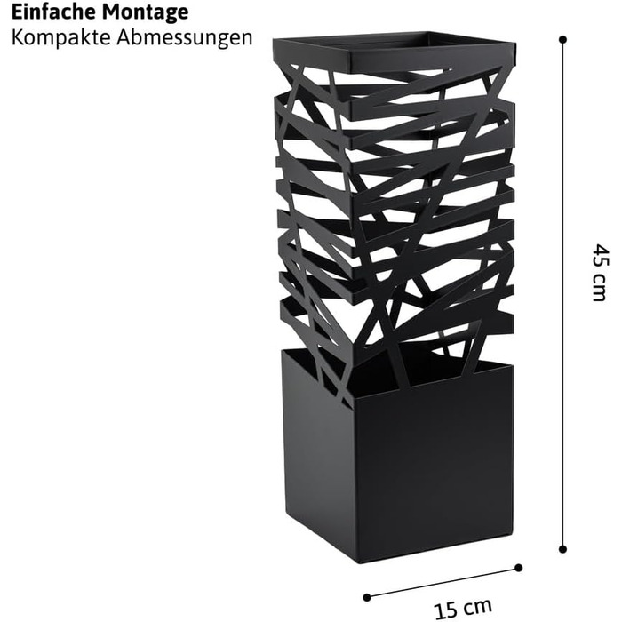 Металева підставка для парасольки преміум-класу Dnges з піддоном для крапель і гачком Компактний 15x15x45 см Підставка для парасольки в елегантному чорному кольорі Монтаж без інструментів Ідеально підходить для парасольок, туристичних палиць