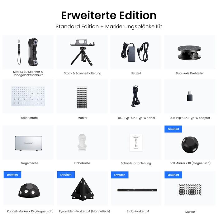 Сканер Revopoint MetroX для 3D-друку, точність до 0,01 мм, синій лазер, структуроване світло на всю поверхню, сканування металевих