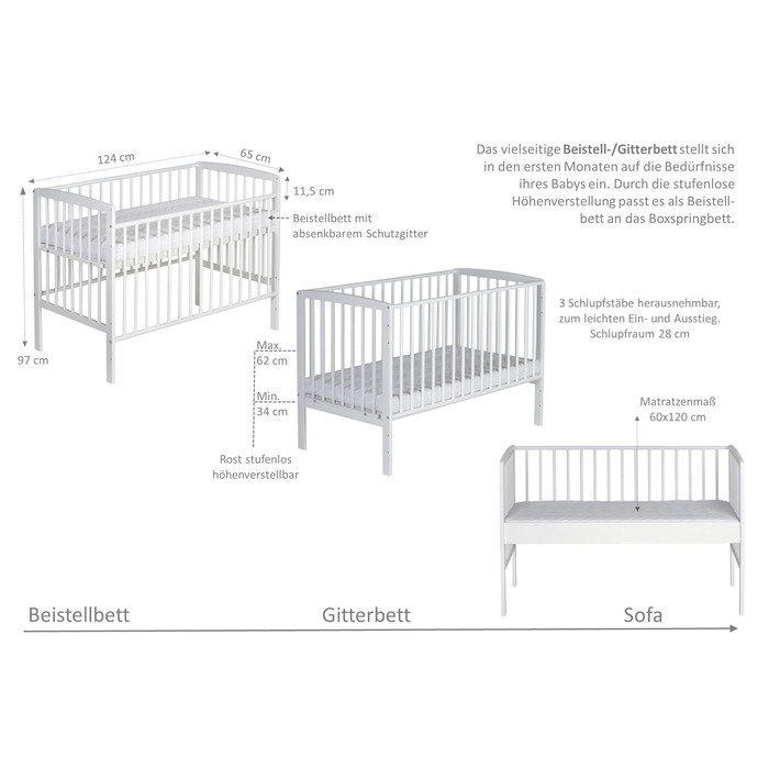 Дитяче ліжечко Micky Plus - Біле - 60120 см - Плавне регулювання висоти 3-в-1 - вкл. боковини та систему ременів безпеки - Ідеально підходить для ліжок Box Spring 124Д x 65Ш x 97В см Box Spring - Біле лаковане одномісне ліжко