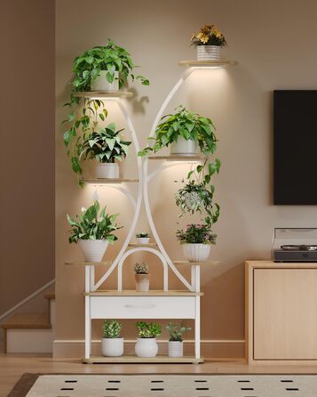 Підставка для рослин Hzuaneri з лампою для вирощування, 9-ярусна підставка для квітів з 4 світлодіодними лампами RG, регульований колір та час, 164 см, ідеально підходить для вітальні, балкона, саду, біла, PS16016WEU 9 ярусів білого кольору