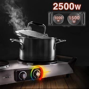 Варильна поверхня Duronic HP2 SS, Кемпінгова плита з 2 варильними поверхнями, Електрична варильна поверхня для кемпінгу, офісу або кухні, Подвійна варильна поверхня з плавним регулюванням температури, Подвійна варильна поверхня 2400 Вт Срібло