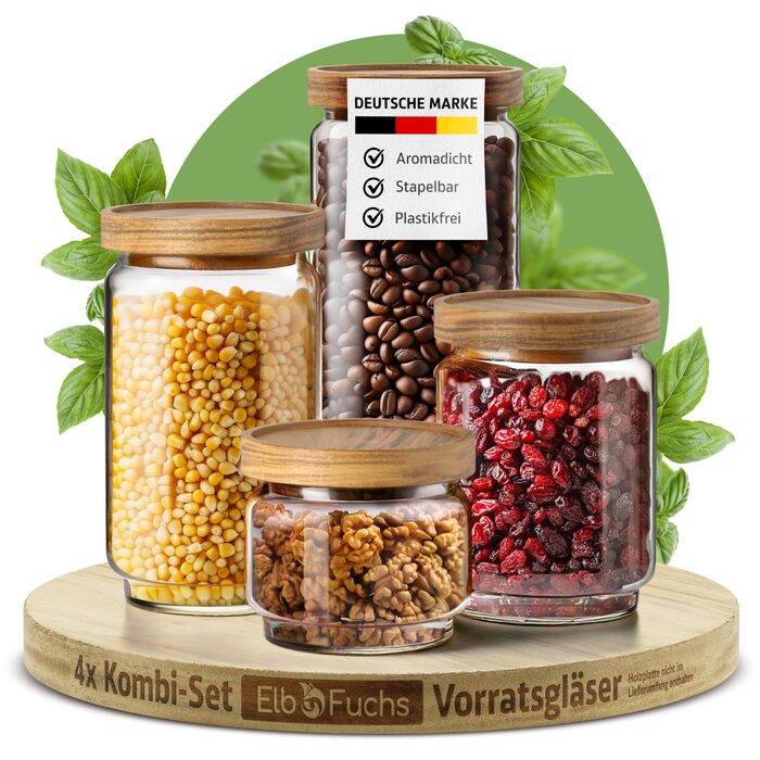 Набір банок для зберігання з кришками НОВИНКА ГЕРМЕТИЧНІ ТА ЗАХИЩЕНІ ВІД МОЛІ Скляні контейнери для зберігання з дерев&39яними кришками Банки для спецій та продуктів 300, 500, 700 та 1000 мл 4 різних розміри