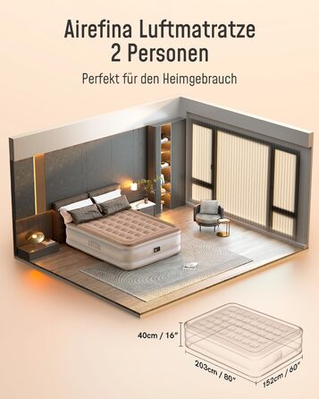 Самонадувальний надувний матрац Airefina з вбудованим насосом, преміальне гостьове ліжко, швидке надування за 3 хвилини, надувний матрац для кемпінгу та домашнього використання - 203 x 152 x 40 см