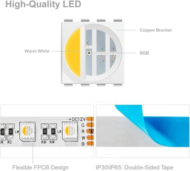 Теплий білий (2700K-3000K) 4 кольори в 1 Світлодіод 5м 60 світлодіодів/м Багатобарвна світлодіодна стрічка IP65 Силіконове покриття Водонепроникна біла друкована плата DC12V для прикраси інтер'єру RgbТеплий білий 4 кольори в 1 IP 65, 5050 RGBW RGB