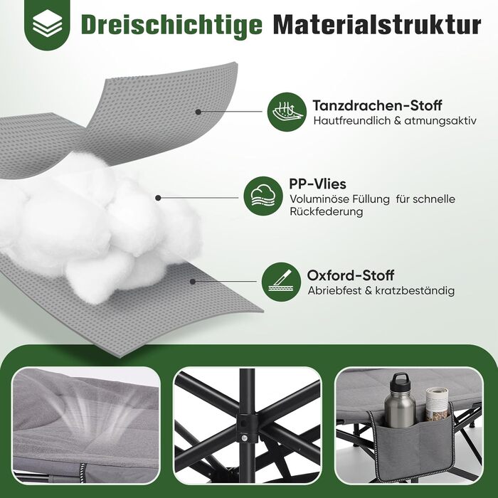 Розкладне кемпінгове ліжко Sekey з подушкою та бічною кишенею, до 190 x 71 x 36 см, надзвичайно широка спальна поверхня, кемпінговий шезлонг/шезлонг для використання на вулиці та в приміщенні ідеально підходить для саду, кемпінгу, фестивалів та подорожей,