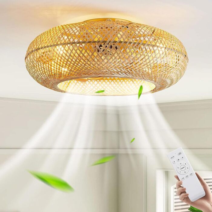 Стельовий вентилятор з підсвічуванням і пультом дистанційного керування Тихий E27 ретро бамбуковий стельовий світильник з вентилят