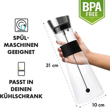 Скляний графин з кришкою з нержавіючої сталі (1 літр) - Графин для води з фруктовою вставкою з боросилікатного скла - Графин склян