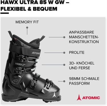Гірськолижні черевики ATOMIC HAWX Ultra 85 W вузька колодка 98 мм, Memory-Fit, міцний PU-пластик, 3D Stretch у зоні пальців, Black / Anthracite, 39/40