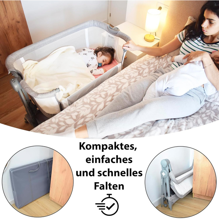 Приліжкове ліжечко Baby Comfortly з колесами Складане та регульоване по висоті (5 рівнів), дихаюче, підходить від 0 місяців до 9 кг, в комплекті матрац, простирадло та сумка не потрібно збирати (колір дерева)