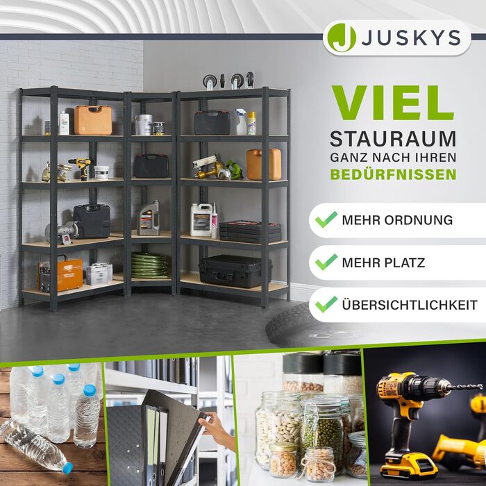 Секційна металева стелажна система Juskys Basic - 1 кутова полиця та 2 полиці для зберігання - 15 полиць з МДФ - 2625 кг - Міцний стелаж, полиця для зберігання, полиця для підвалу - сірий, 3-