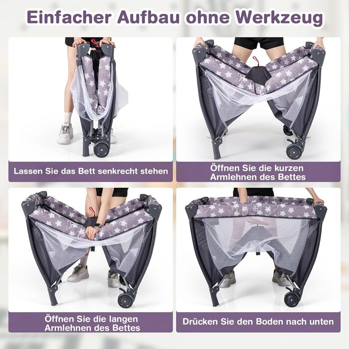 Складана приліжкова ліжечка COSTWAY 3 в 1, дорожнє ліжечко з матрацом, підвісні іграшки, музичний мобіль, пеленальний столик та сумка для перенесення, 2-рівневе дитяче ліжечко з колесами для дітей до 36 місяців (темно-сірий)