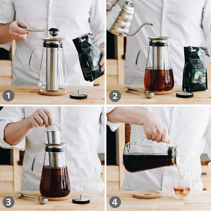 Кавоварка 3-в-1 buntfink MultiPitcher для холодного заварювання кави Графин скляний 1,5 л Графин для води з кришкою з нержавіючої сталі Кавоварка для холодного заварювання кави та чаю Без пластику