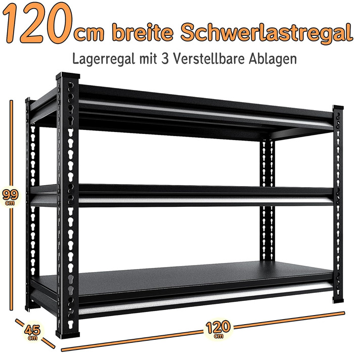 Міцний стелаж, сталевий каркасний стелаж 120 x 45 x 99 см, підвальний стелаж вантажопідйомністю 750 кг, стелаж для зберігання з 3 регульованими полицями, стелаж без болтів, стелаж для майстерні, підвал, гараж (чорний, 120 x 45 x 99 см - 3 полиці) Чорний 1