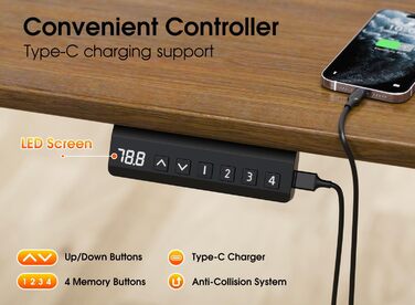 Електрична настільна рама з регулюванням висоти, регульована по висоті настільна підставка з портом USB-C, функцією пам&39яті та функцією запобігання зіткненням, 2 двигуни, чорний колір