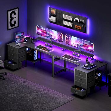 Кутовий письмовий стіл ODK з 4 тканинними шухлядами, 140x80 см, двосторонній L-подібний стіл з 2 розетками та 2 портами зарядки USB, L-подібний ігровий стіл зі світлодіодним освітленням та підставкою для монітора для домашнього офісу, чорний 140 x 80 см