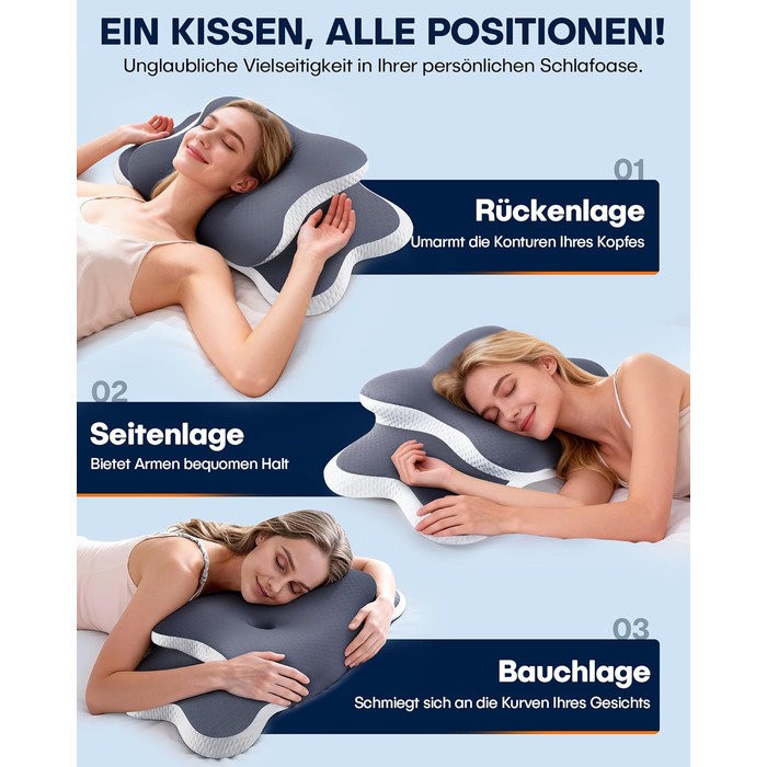Ортопедична подушка для шиї - ергономічна подушка з піни з ефектом пам&39яті з охолоджувальним ефектом, подушка для підтримки шиї для знеболення, подушка проти хропіння для сну на боці, спині та животі, сіра