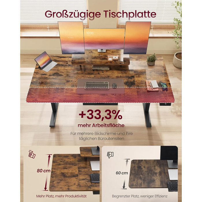 Письмовий стіл з регульованою висотою, 140 x 70 см, гнучка підставка для монітора, шухляда, порт USB-C, нагадування про тривале сидіння, для офісу, вінтажний коричневий LSD154KD01 140 x 70 см вінтажний коричневий