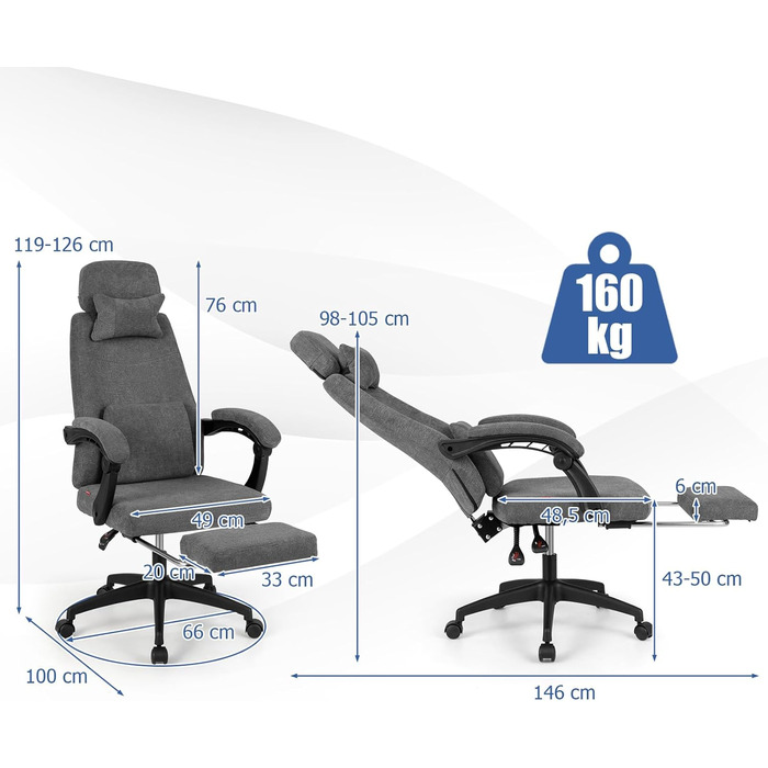 Ергономічне офісне крісло COSTWAY з висувною підставкою для ніг, робоче крісло з регульованою спинкою, підголівником та поперековою опорою, комп&39ютерне крісло з функцією гойдання, обертове крісло для дому та офісу, сірий колір