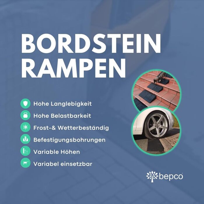 Бордюрний пандус Bepco, 100 × 25 × 10 см — гумовий заїжджий поріг із вбудованими шайбами для кріплення (чорний)
