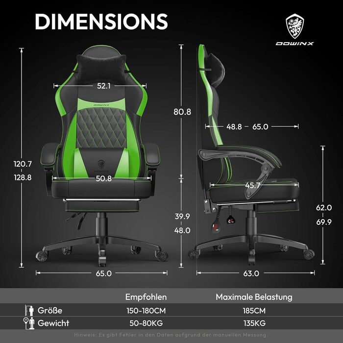 Ігрове крісло Dowinx, гоночне ігрове крісло, ергономічне ігрове крісло з поперековою опорою, ігрове крісло зі штучної шкіри 150 кг, зелене
