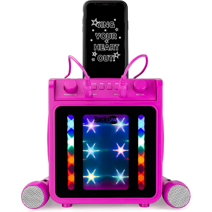 Караоке-машина RockJam 10 Вт, акумуляторна, з двома мікрофонами, рожева