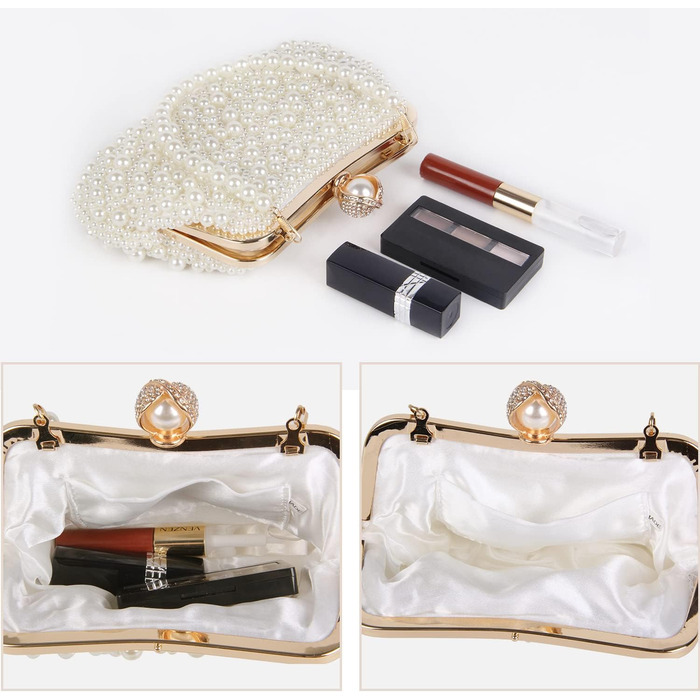 Жіноча перлова клатч-сумка для вечірок, весілля. Вечірня сумочка з кристалами та перловим ланцюжком, бежевий колір.