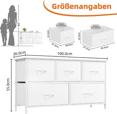 Комод Somdot, Тканинний комод, Комод для спальні, вітальні, коридору, Комод, Шафа для зберігання, 5 тканинних шухляд, Біла шкіра, 30Г x 100Ш x 55В см (5 шухляд)