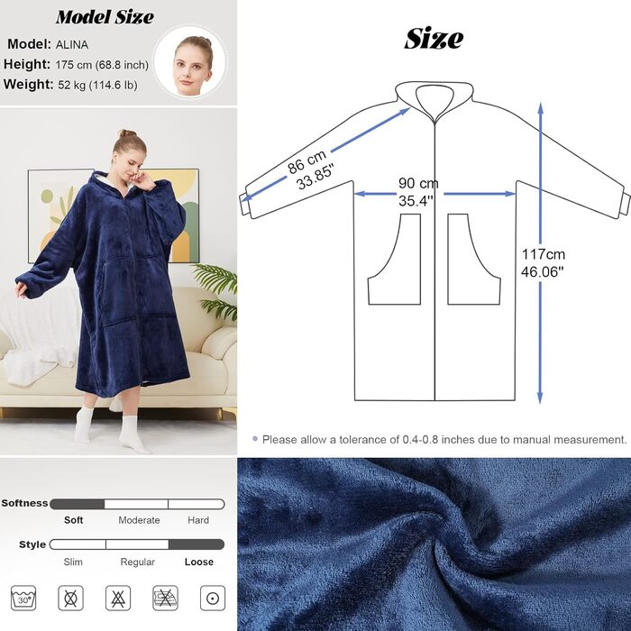 Ковдра з капюшоном на блискавці, жіноча, щільна, з рукавами, великий щільний светр, жіноча, чоловіча, портативна, з капюшоном, синя