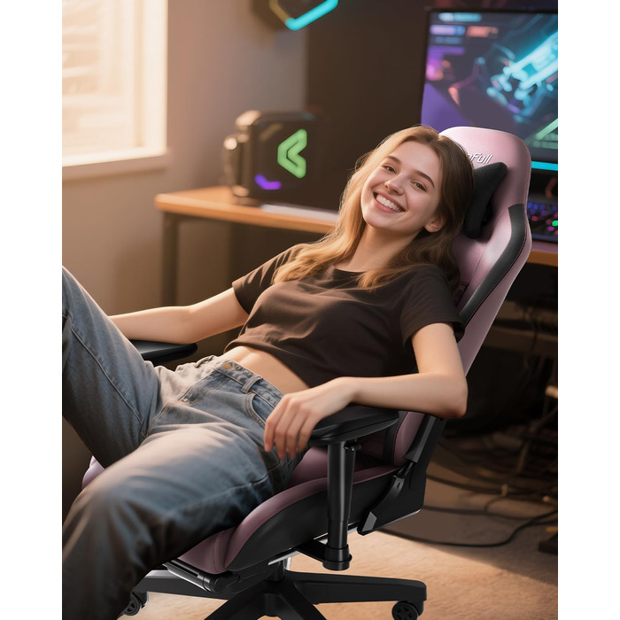 Ігрове крісло AutoFull C3, ергономічне ігрове крісло з поперековою опорою, регулюванням висоти та функцією нахилу, ігрові крісла з підставкою для ніг, вантажопідйомність 150 кг, гоночний дизайн сидіння зі штучної шкіри (рожевий)