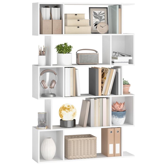 Рівнева книжкова полиця, окремостояча полиця, 24 x 90 x 159 см, полиця для зберігання з відкритими відділеннями, для вітальні, спальні, кабінету, матово-білий LBC416W01, 5-