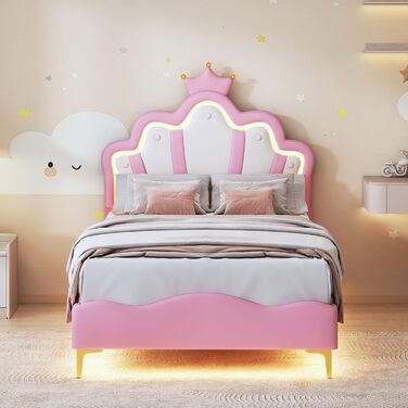 М&39яке ліжко 90x200, дитяче ліжко з рейковою основою та світлодіодним освітленням, плоске ліжко з узголів&39ям у формі хмари, ліжко принцеси у формі корони, м&39яка оббивка зі штучної шкіри 90x200 см рожевого кольору